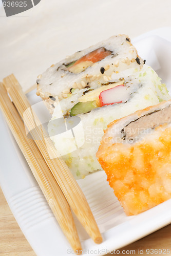 Image of Sushi rolls and chopsticks