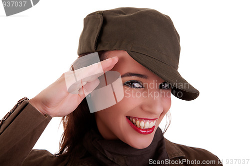 Image of happy woman army soldier saluting