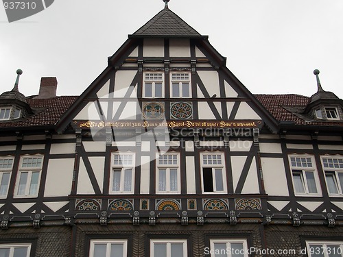 Image of Old German house with a gold inscription on the wall