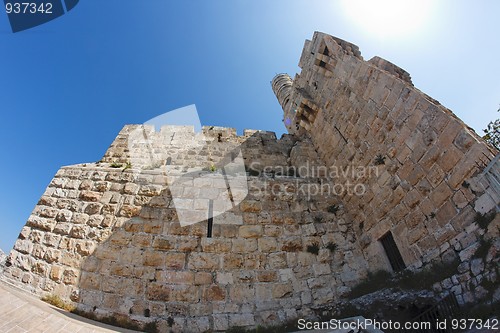 Image of Fisheye view of an ancient citadel in Jerusalem 