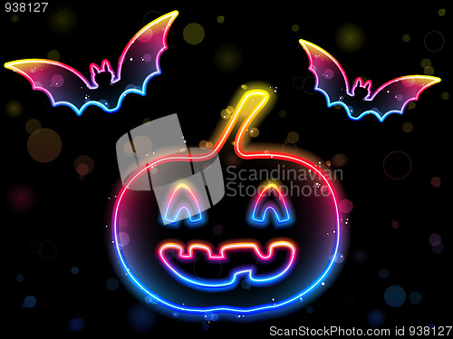 Image of Halloween Neon Background with Pumpkin and Bats