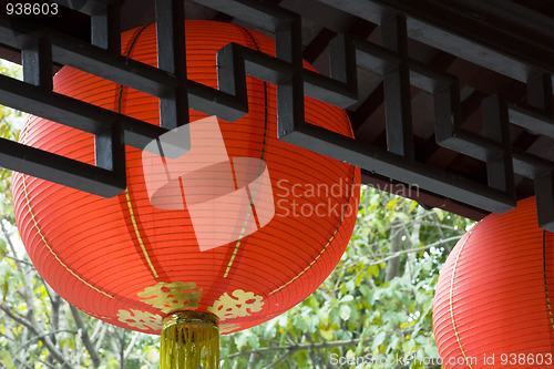 Image of line chinese red lantern in the temple 