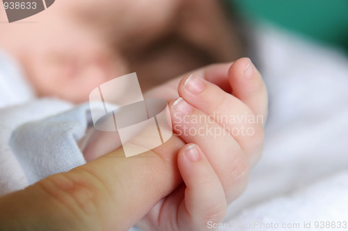 Image of new born Baby's hand gripping for mothers finger