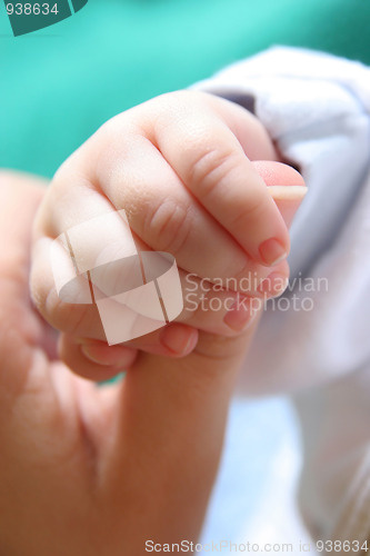 Image of new born Baby's hand gripping for mothers finger