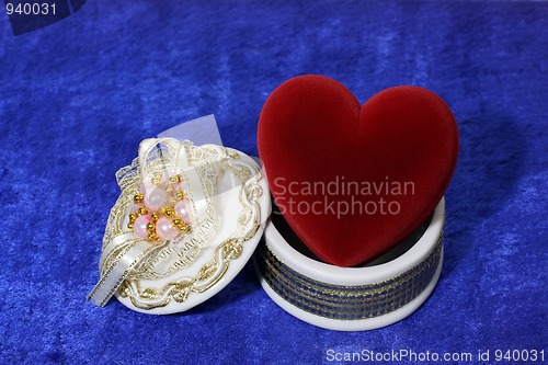 Image of red heart in open box on blue velvet
