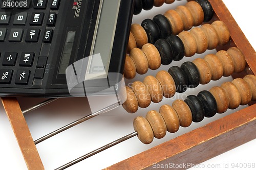 Image of old wooden abacus and electronic calculator