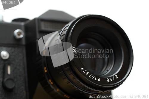 Image of black slr camera with lens close-up