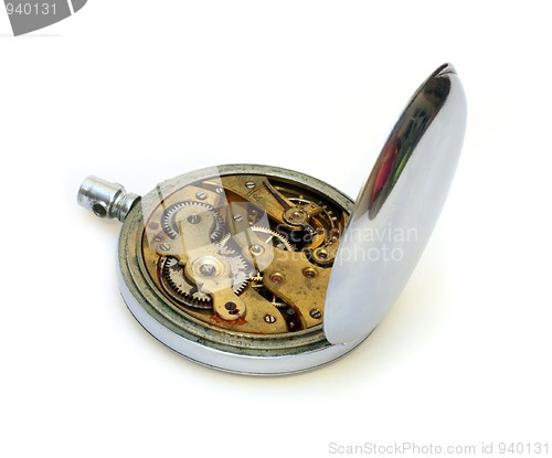 Image of old pocket watch with open cover of gear