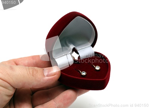 Image of man's hand gifting ear-rings in red box