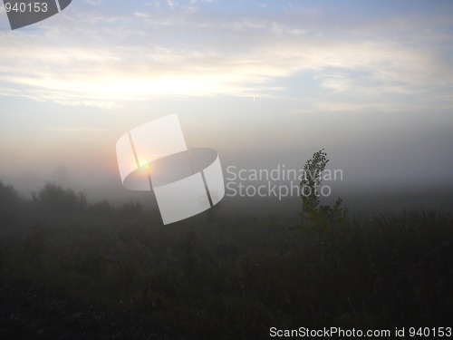 Image of sunrise in the fog fog