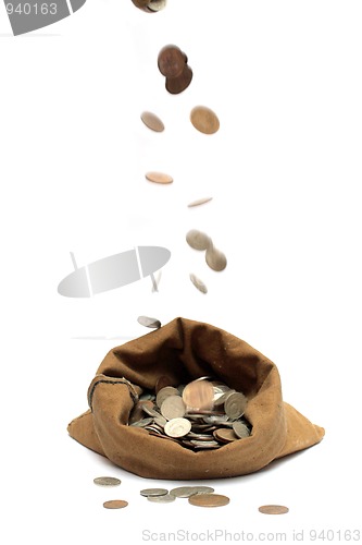 Image of flying coins, falling in bag