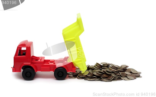 Image of toy lorry and strew coins