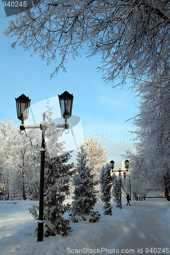 Image of lantern in snow winter park