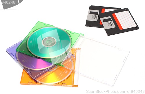 Image of colored dvd and old floppy discs