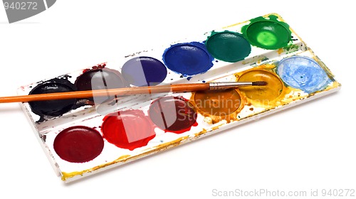 Image of set of water-colour paints and brush