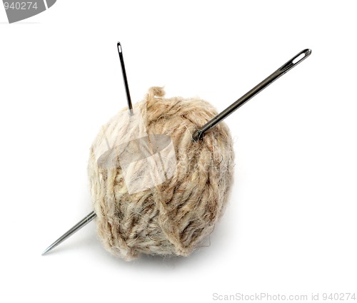 Image of clew of wool thread and two needles