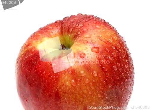Image of wet red apple with water drops