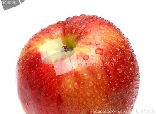 Image of wet red apple with water drops