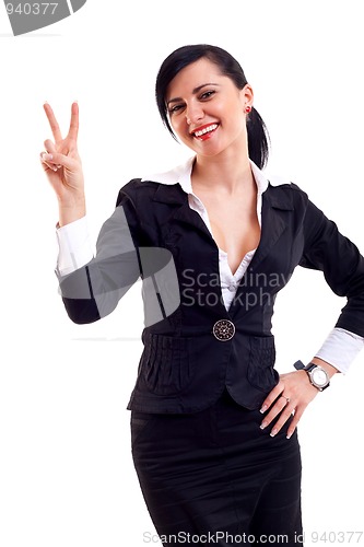 Image of woman making the victory sign