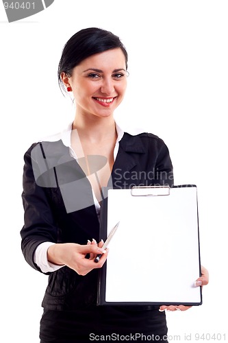 Image of business woman shows a notepad