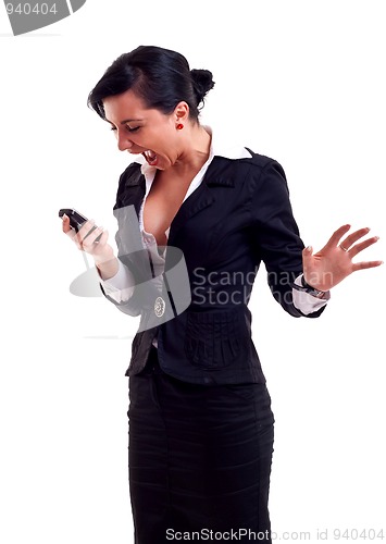 Image of business woman shouting to a phone