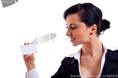 Image of business woman showing card