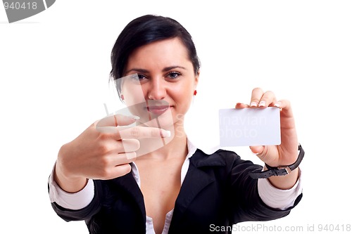 Image of business woman showing card