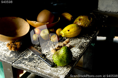 Image of Old kitchen table with fruit 