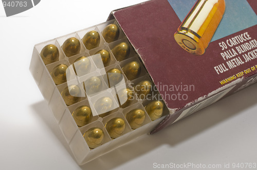 Image of Open box of 9 mm pistol cartridges