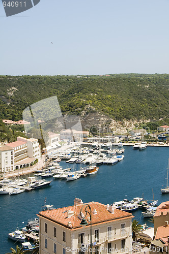 Image of panorama Bonifacio Corsica harbor port with yachts historic lowe