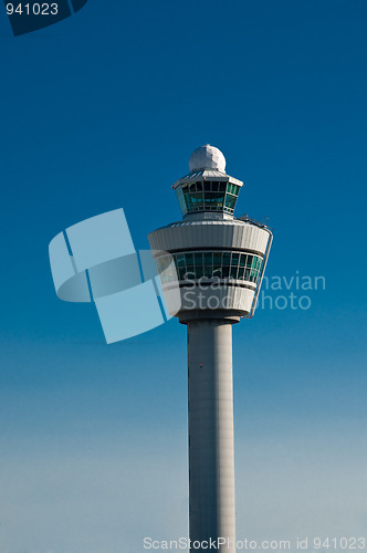 Image of Airport tower against blue sky