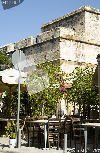 Image of historic Limassol Lemessos Castle flowering shrub plant Cyprus M