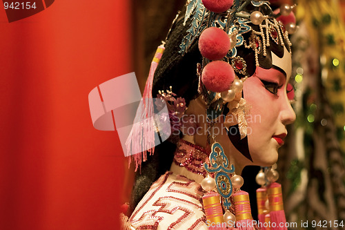 Image of chinese opera dummy and red cloth as text space 