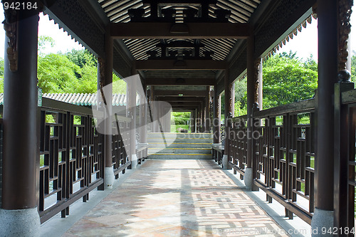 Image of Traditional Chinese architecture, long corridor in outdoor park 