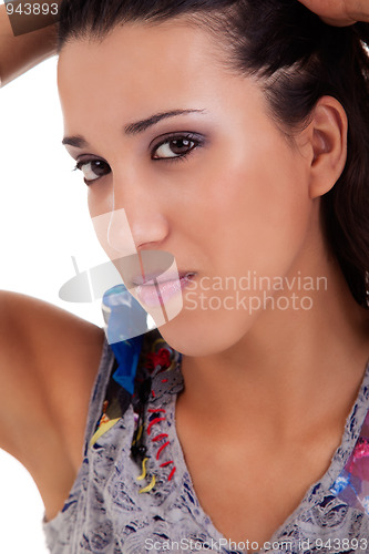 Image of beautiful woman, holding her hair with his hand