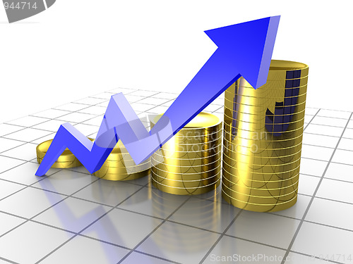 Image of Business Graph, 3d rendered conceptual arrow and coin chart