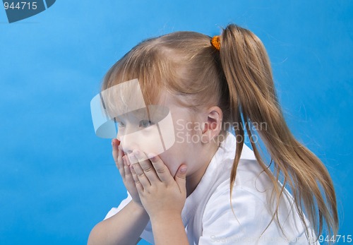 Image of Small cute girl is covering one's face with one's hands isolated
