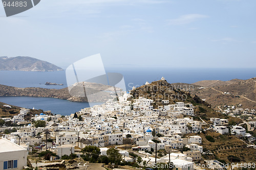 Image of the chora capital landscape with view of aegean sea Ios Cyclades