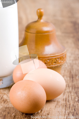 Image of brown eggs and glass of milk