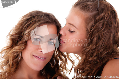 Image of Happy daughter kissing mother