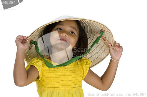 Image of cute asian farmer girl on white