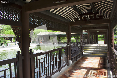 Image of Traditional Chinese architecture, long corridor in outdoor park 