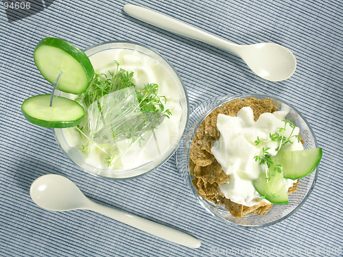 Image of yogurt with cucumber and watercress