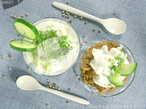 Image of yogurt with cucumber and watercress