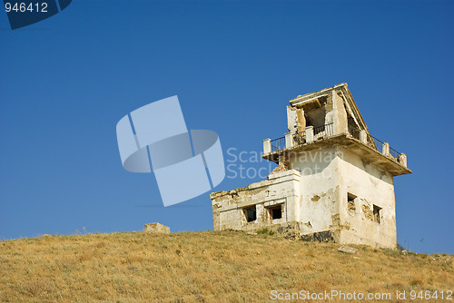 Image of Ruined lighthouse building. Meganom cape, Crimea, Ukraine