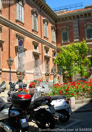 Image of motor scooters in street Brera Milan Italy