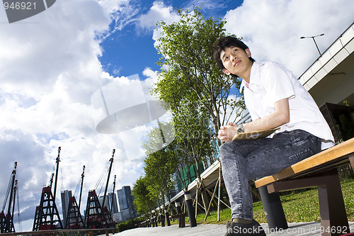 Image of asia man relax in the park 