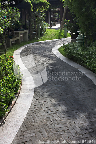 Image of Traditional Chinese architecture, long corridor in outdoor park 