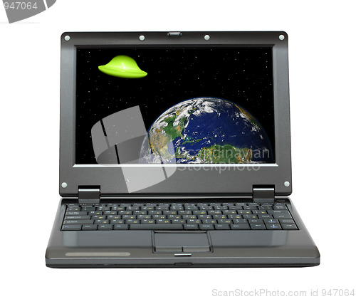 Image of laptop with space aliens theme