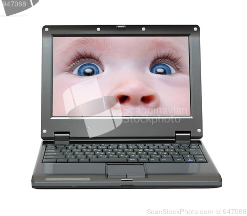 Image of small laptop with baby eyes
